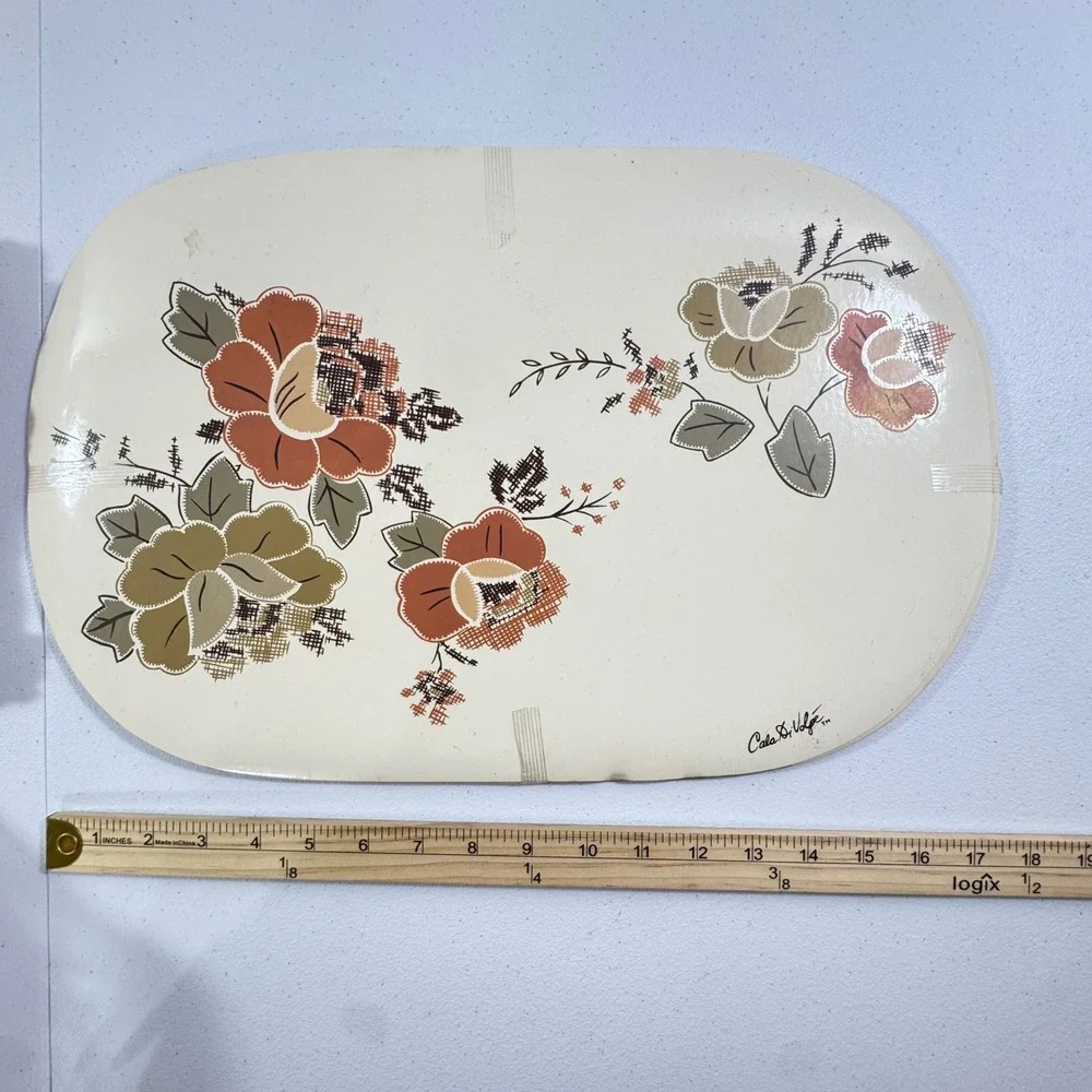 Vintage Cala Di Volpe Floral Vinyl Placemat Retro Orange Green Cream 17.5